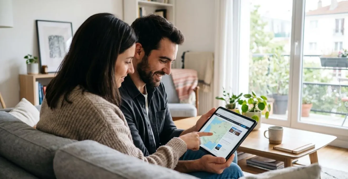 Un couple consulte ensemble une tablette dans un salon lumineux pour planifier leur voyage en ferry vers la Sardaigne