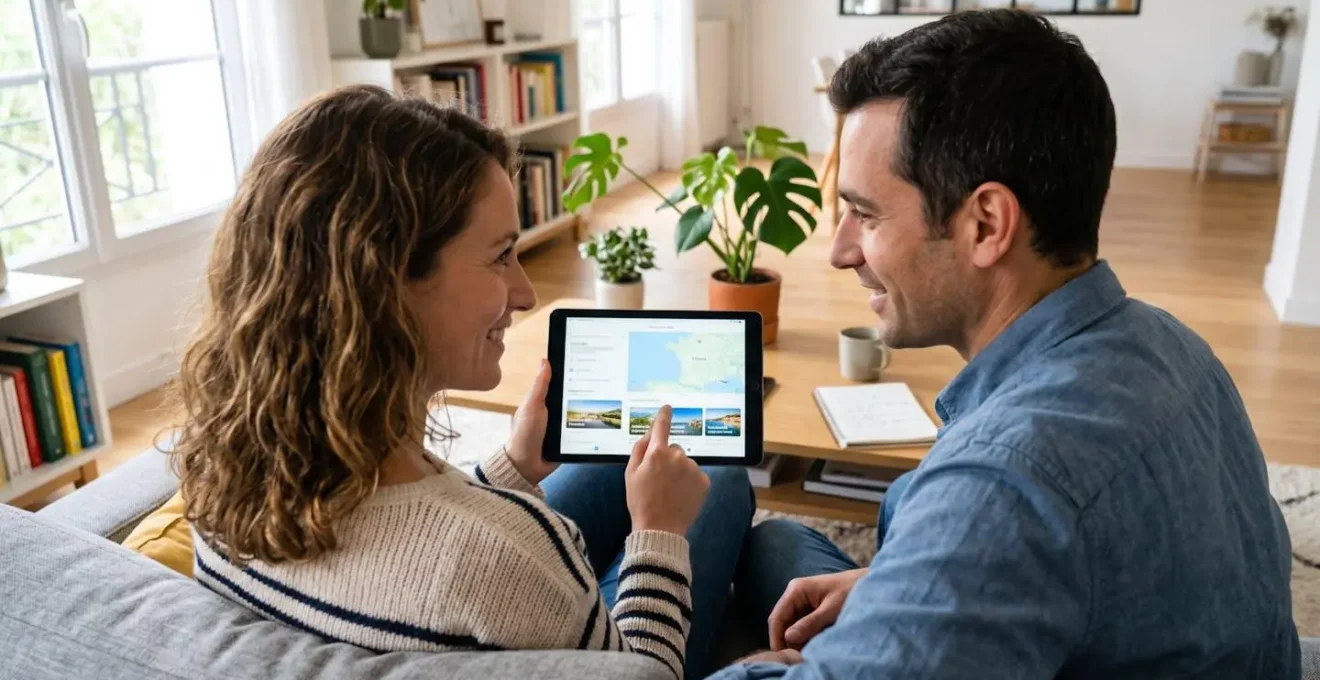 Un couple consulte ensemble une tablette dans un salon lumineux pour planifier leur voyage en ferry vers la Sardaigne