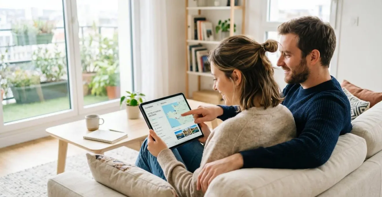 Un couple consulte ensemble une tablette dans un salon lumineux pour planifier leur voyage en ferry vers la Sardaigne