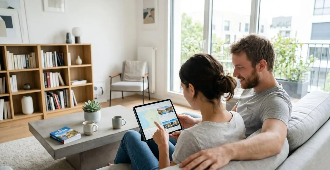 Un couple consulte ensemble une tablette dans un salon lumineux pour planifier leur voyage en ferry vers la Sardaigne