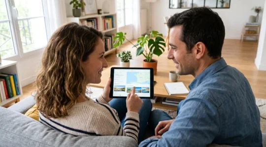 Un couple consulte ensemble une tablette dans un salon lumineux pour planifier leur voyage en ferry vers la Sardaigne