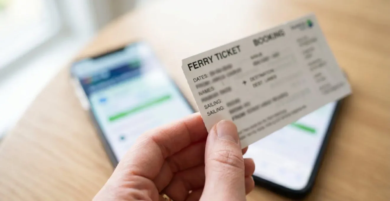Gros plan sur une main tenant un billet de ferry avec un smartphone affichant une page de réservation en arrière-plan, texte flouté