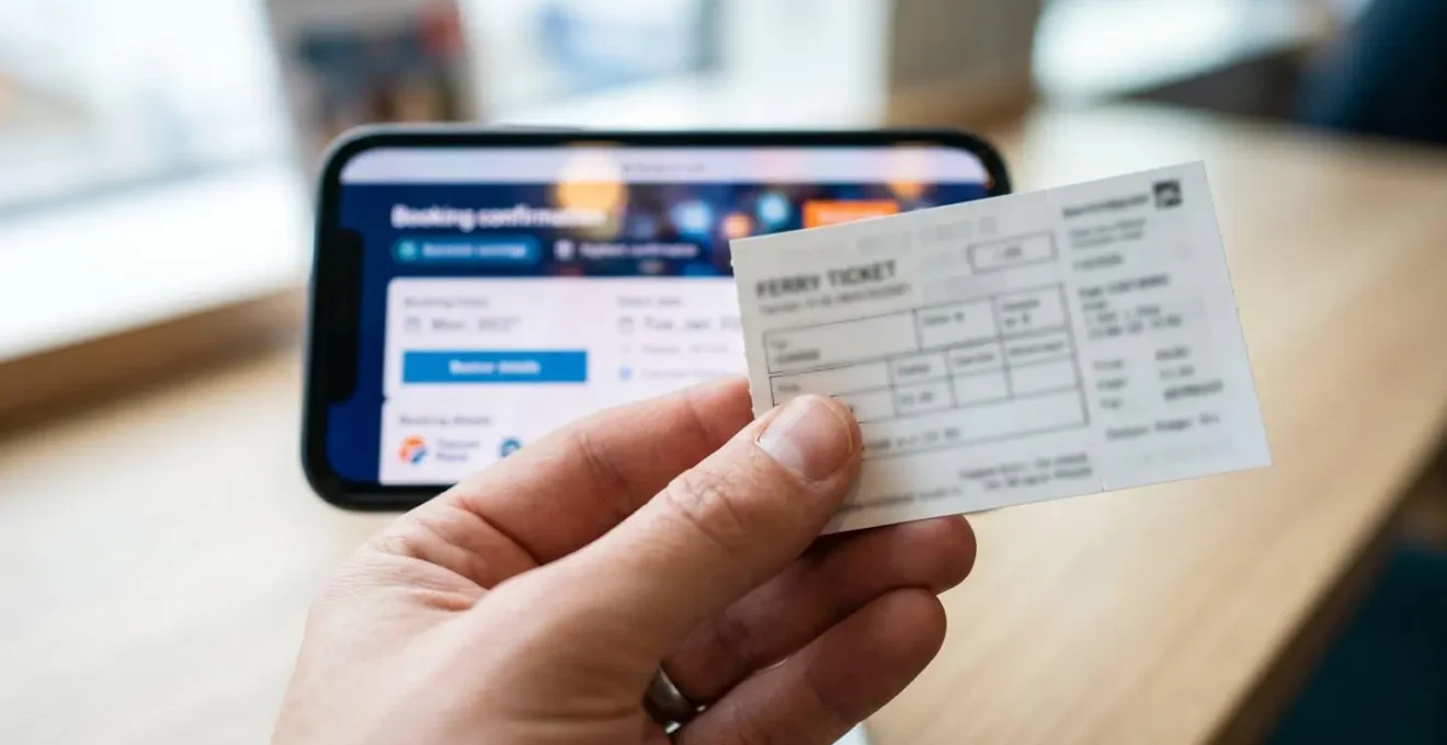 Gros plan sur une main tenant un billet de ferry avec un smartphone affichant une page de réservation en arrière-plan, texte flouté