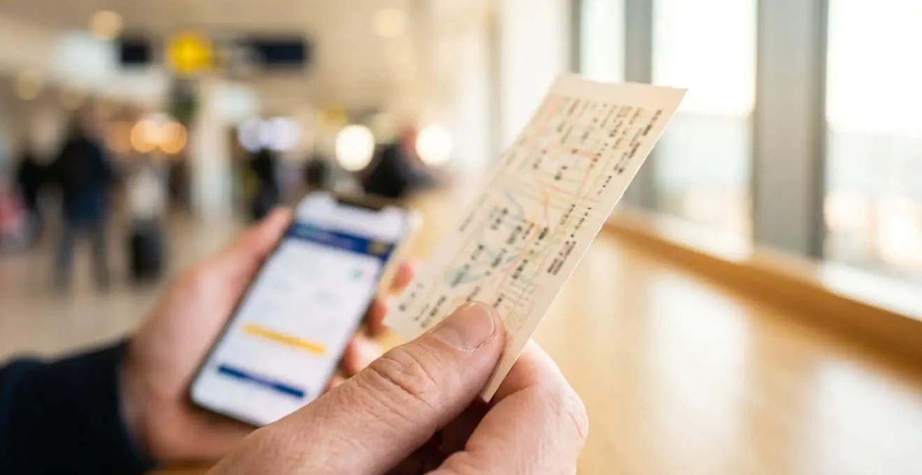 Gros plan sur une main tenant un billet de ferry avec un smartphone affichant une page de réservation en arrière-plan, texte flouté