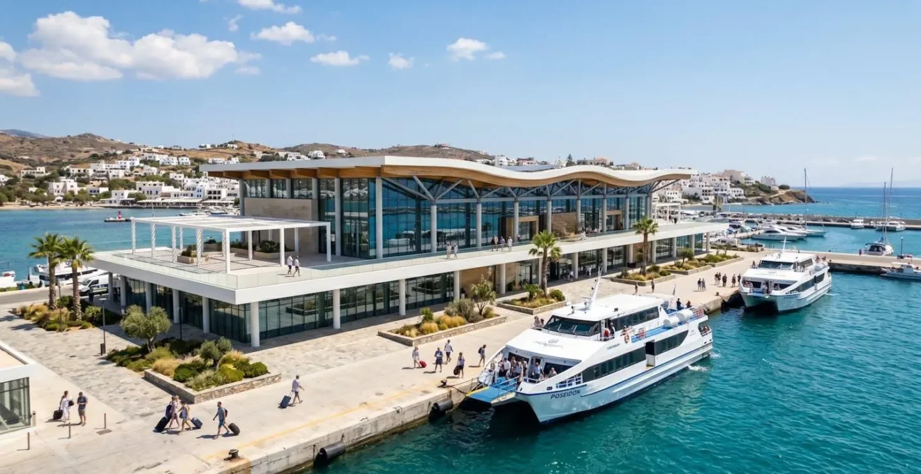 Vue grand angle d'un terminal de ferry méditerranéen moderne avec architecture contemporaine sous un ciel bleu lumineux