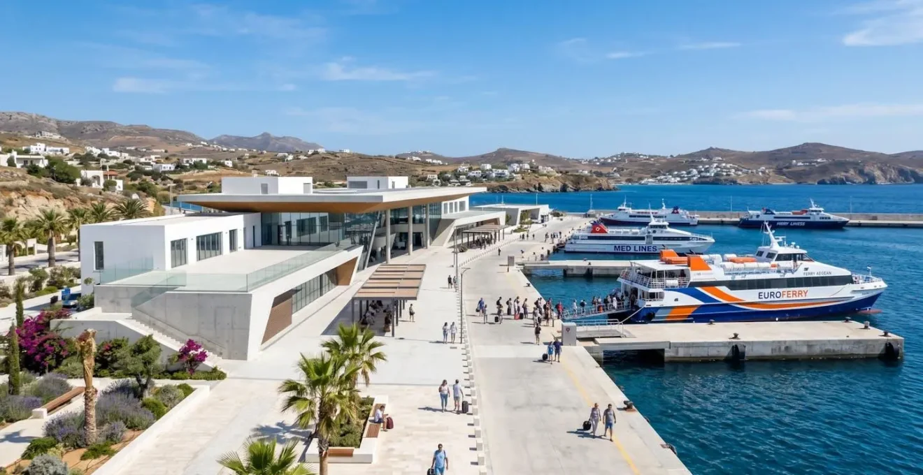 Vue grand angle d'un terminal de ferry méditerranéen moderne avec architecture contemporaine sous un ciel bleu lumineux