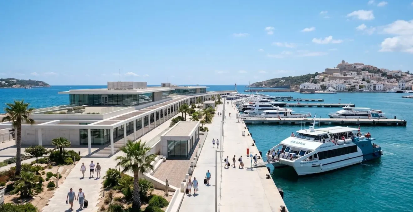 Vue grand angle d'un terminal de ferry méditerranéen moderne avec architecture contemporaine sous un ciel bleu lumineux