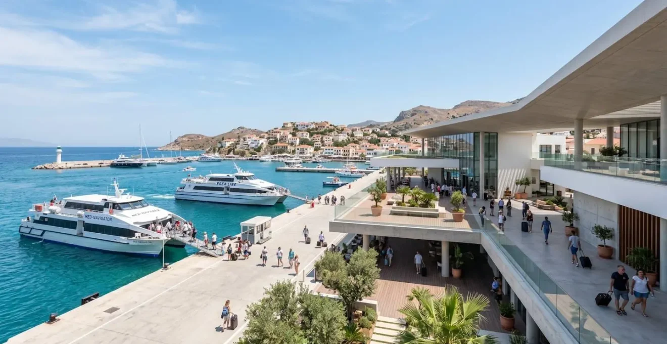 Vue grand angle d'un terminal de ferry méditerranéen moderne avec architecture contemporaine sous un ciel bleu lumineux
